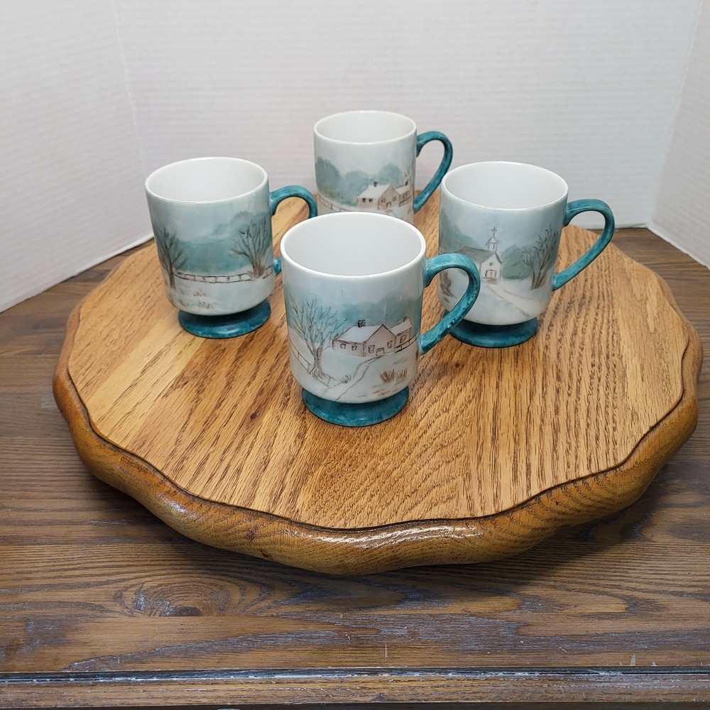 VTG Handpainted OOAK Cottage Church Scene Coffee Cups Mugs Set Of 4‎ Cottagecore
